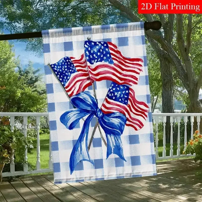 12x18 Inch Independence Day Outdoor Garden Flag - Linen, Double-Sided, Crossed American Flags, Blue Bow, Vintage Checkered Pattern, Patriotic Charm Blend, Home Holiday Decor