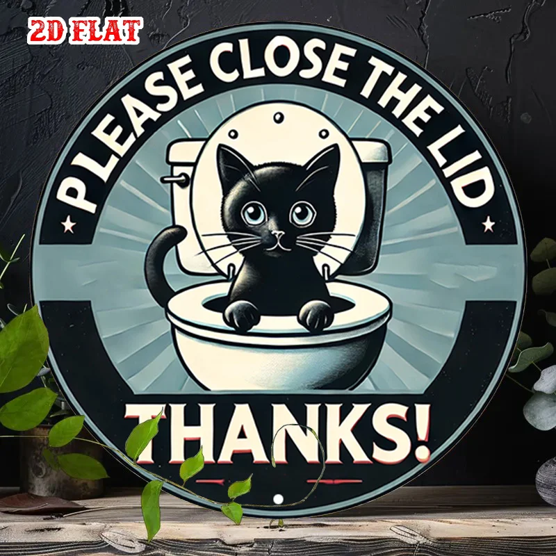 2D Flat, Vintage-Style Black Cat in Toilet Aluminum Sign, Rustic Metal Wall Art with 