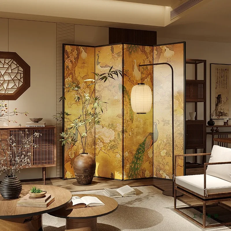 Medieval gold foil screen partition living room entry door blocking home mobile folding retro simple wood folding screen