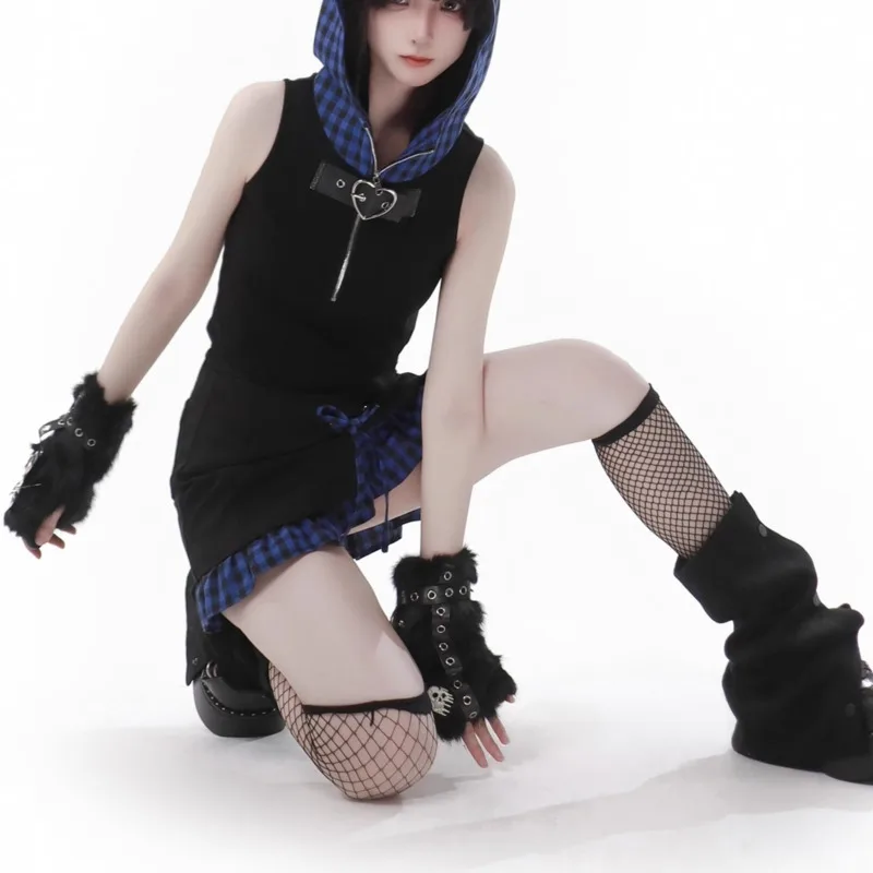 Cat Ear Blue Lattice Sweater Hoodie Top Set Summer Love Button Y2K Splicing Japan Strap Anime JK Cos A-line Skirt Top Suit New