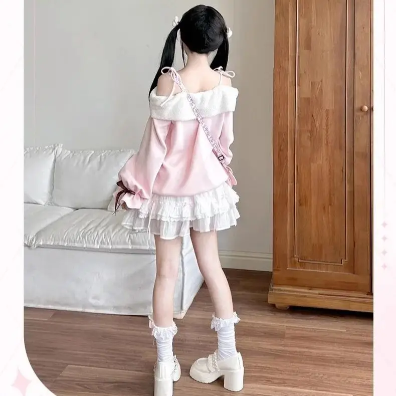 

Topenomi Cute Cat Embroidery Off Shoulder Sweatshirt Women Japanese Kawaii Y2k Aesthetic Long Sleeve Tops Sweet Chic Coats Ins