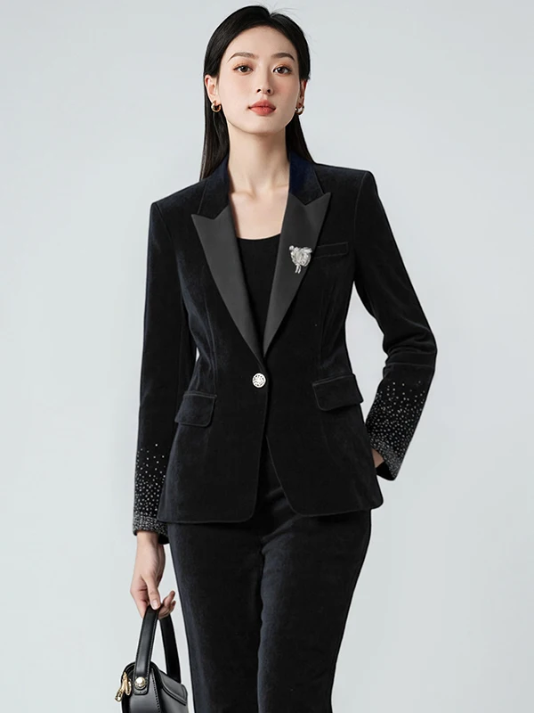 Velvet Business Suit Women's Autumn Winter New Style Commute Casual Professional Outfit Polyester Fiber Long Sleeve One Button