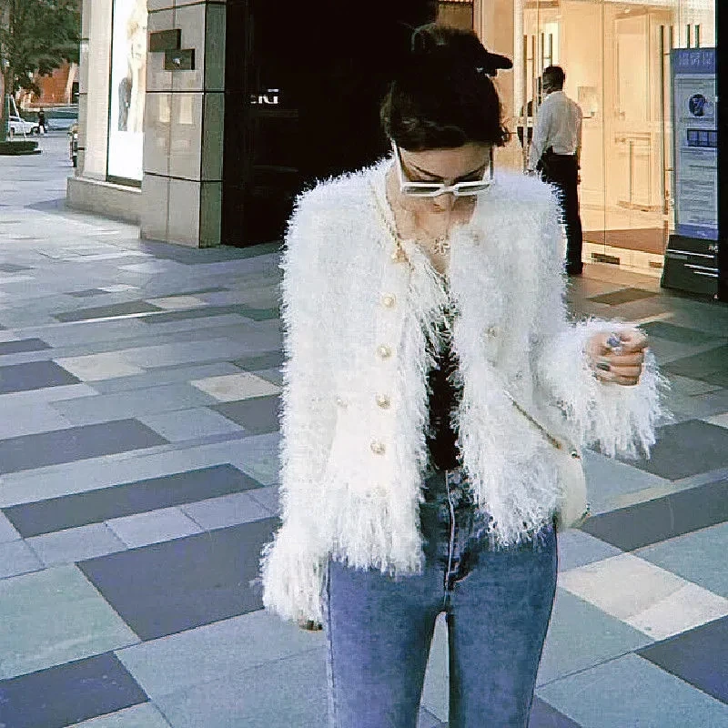 Women's White Black V-Neck Tassel Double Breasted Knitted Coat Ladies New Cardigan Autumn Winter 2022 Jacket