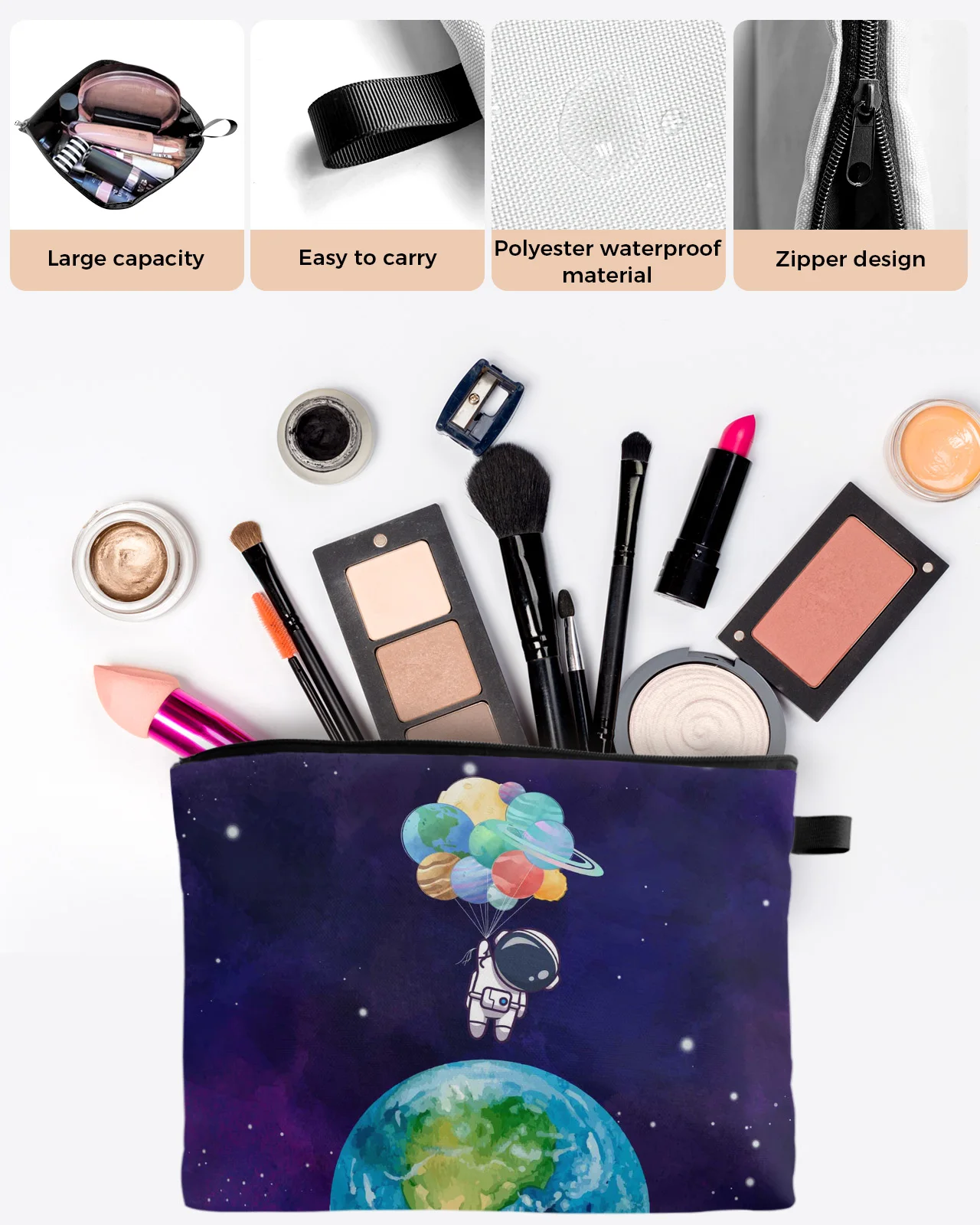 Cosmos Space Planet Astronaut Balloon Custom Travel Cosmetic Bag Portable Makeup Storage Pouch Women Waterproof Pencil Case