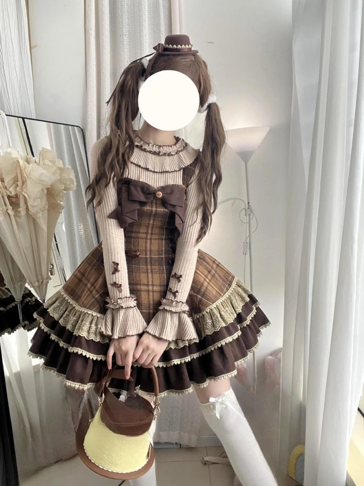 

Зимний рождественский комплект из 3 предметов в стиле Лолиты, женский мини-плащ с бантом + узкие топы + пышная юбка в клетку, новый японский модный наряд JK