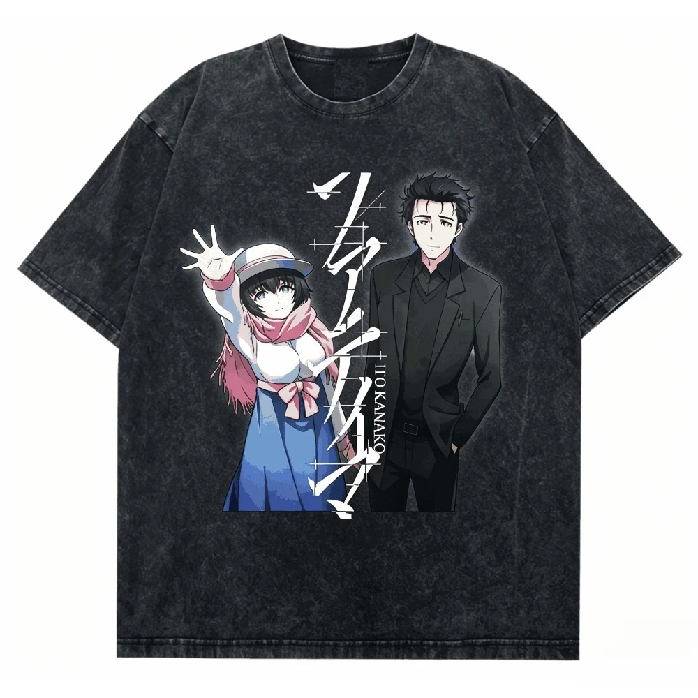 Steins;Gate Shirt Vintage Washed Unisex Oversized Anime Streetwear Soft Cotton Short Sleeve Tee Gift Clothing Tops 2026 Hot Sale