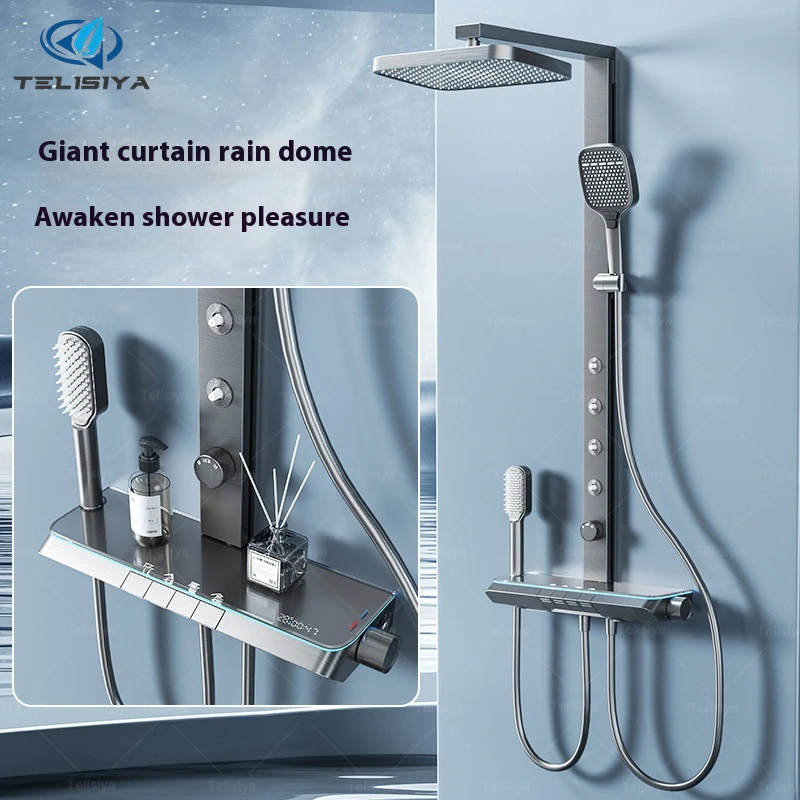 

Grey Shower Set Multifunction Household Intelligent Digital Display With Waist Spray Bathroom Pressurize Shower System Set