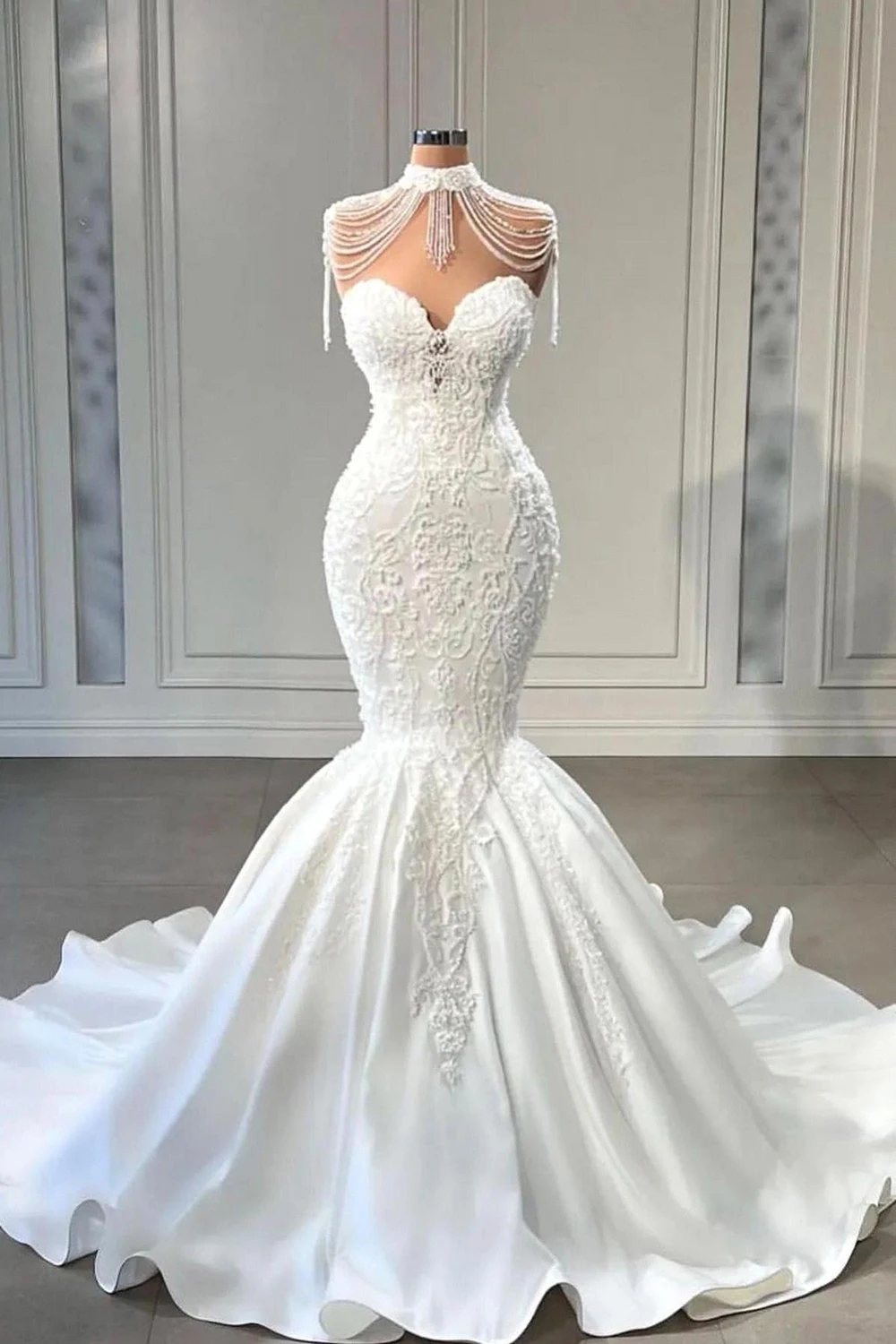 Mermaid Wedding Dresses High Neck Lace Up Corset Beading Sweep Train Satin Appliques Plus Size Bridal Gowns Vestidos De Novia