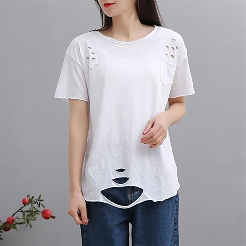 

Summer Women Ripped Hole O Neck Short Sleeve T Shirt Side Slit Korean Fashion Casual Simple Loose Clothing Top Black White Khaki