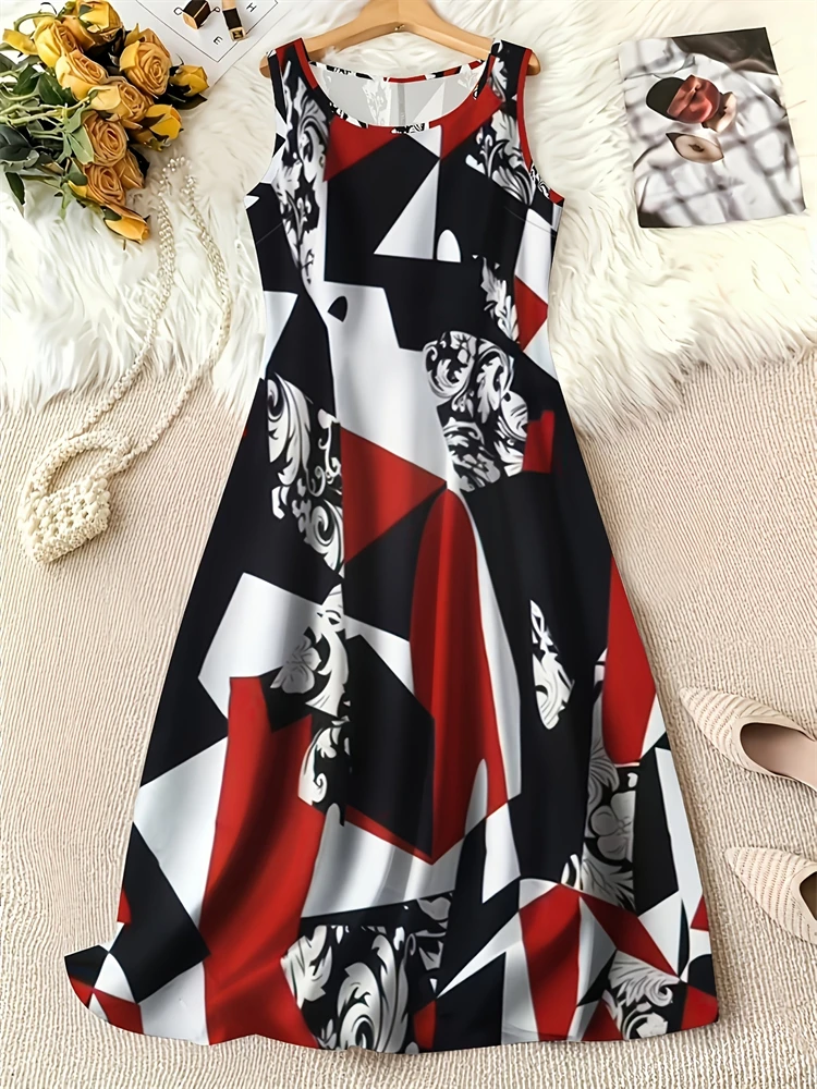 Women's Summer Sleeveless Dresses with Geometric Patterns Outdoor Vacation and Beach Dresses Women's Bohemian-Style Dresses