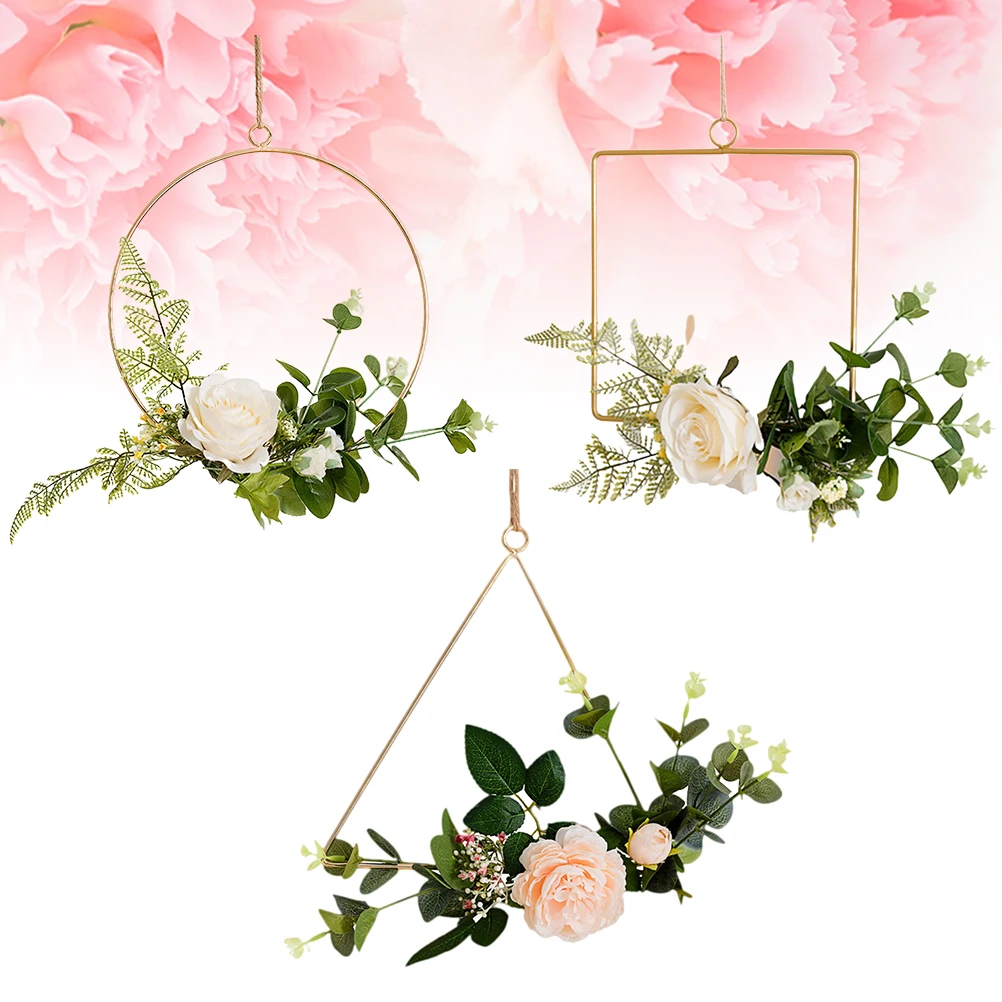 

3 PCS Wall Hangings Iron Frame Artificial Flower Vine Decor Home Wedding Party Rustic Hanging Decoration Door Hanging Decor