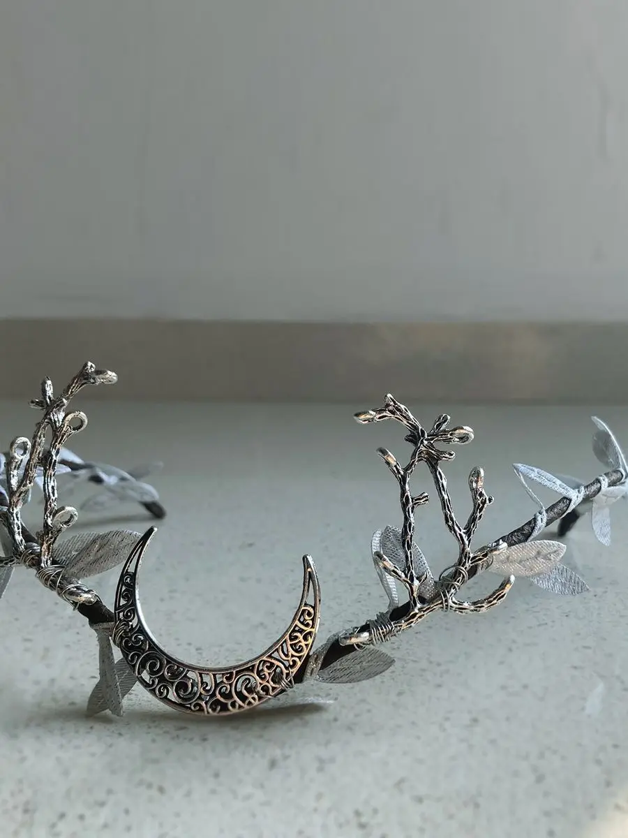 Handgemachte elf Einhorn Königin der Enchanted Woodland Tiara Stirn Headwear Mit Silber Blätter Zweige Crescent Moon Cosplay – Detail 6