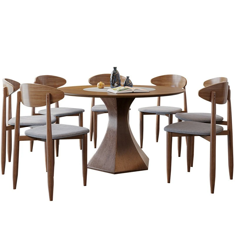 Dining table and chair combination Modern simple solid wood dining table with embedded turntable