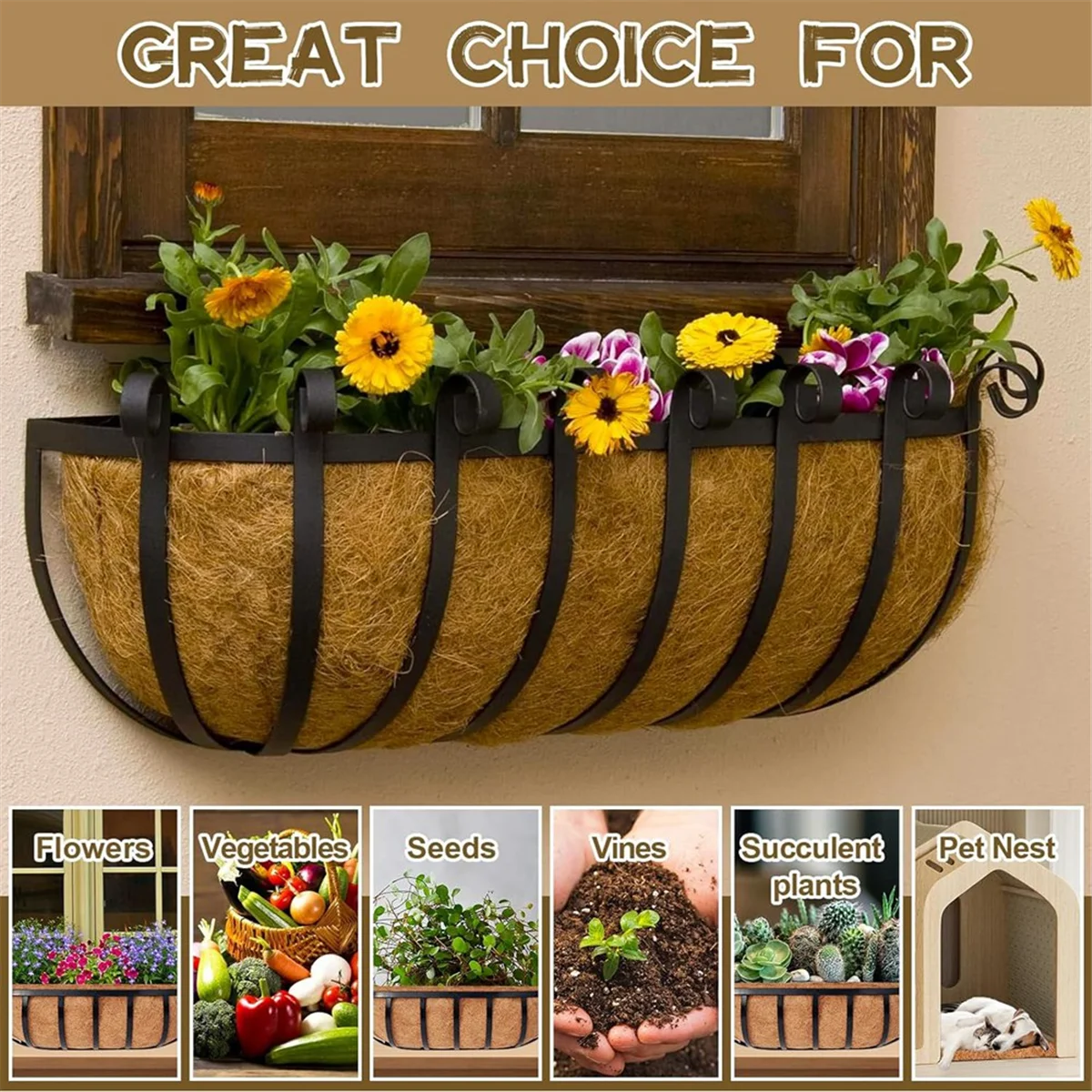 4 Pack 24 Inch Trough Coconut Liners, Natural Coconut Liners for Wall Planter, Window Basket Deck Railing Planter