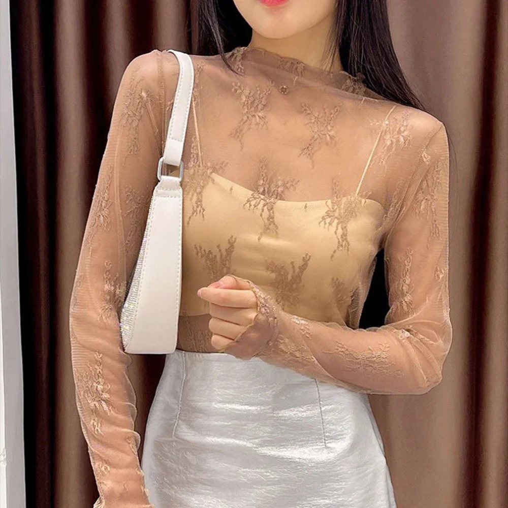 여성 하프 하이 칼라 레이스 바닥 블라우스 티셔츠 레이스 귀 가장자리 봄과 가을 서양식 중공 긴 소매 메쉬 탑