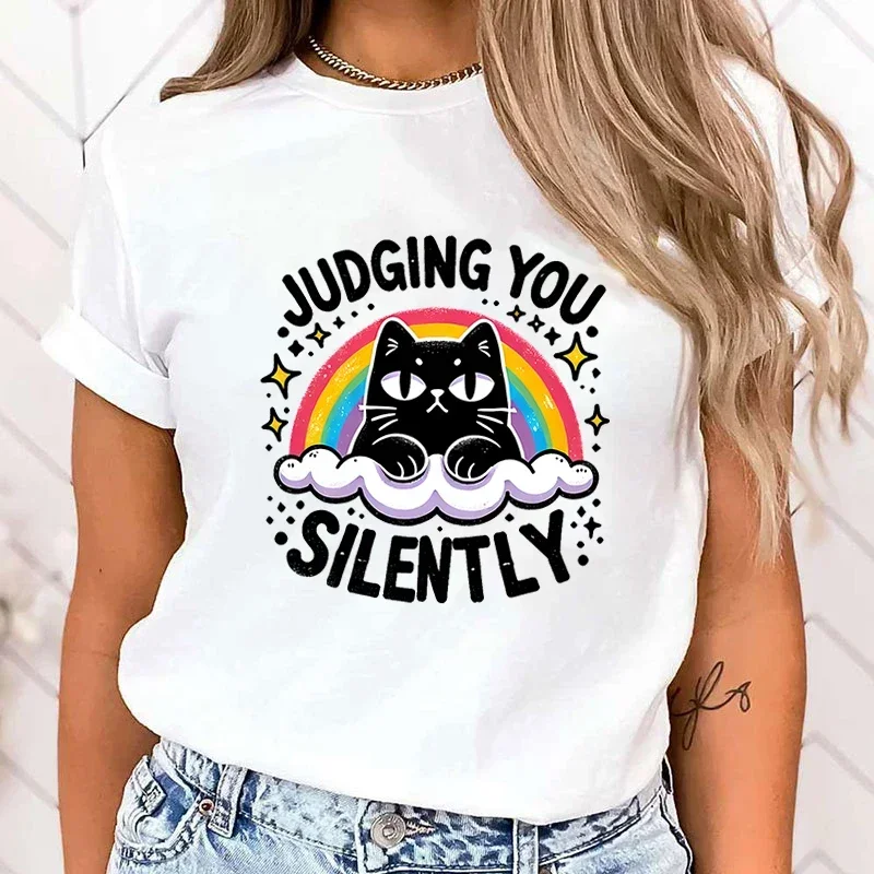 새로운 고양이가 당신을 판단합니다 여성용 캐주얼 개성 라운드넥 반팔 패션 티셔츠 여성 캐주얼 의류