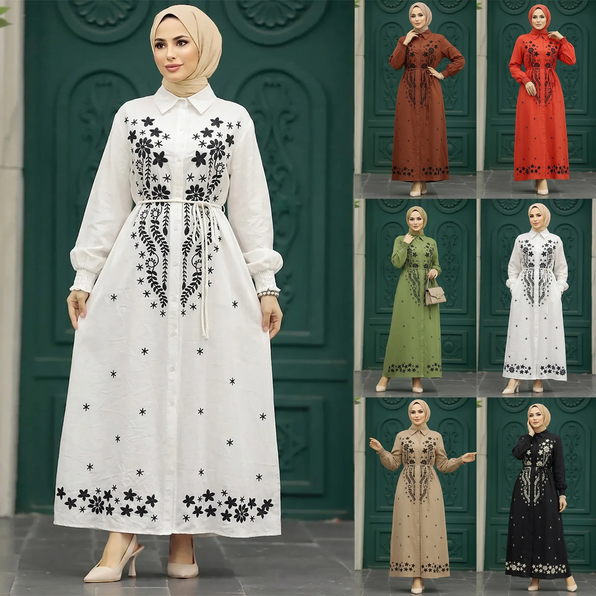 

Dress Women Embroidered Lapel Drop Shoulder Dresses Spring Summer Loose Maxi Evening Gown