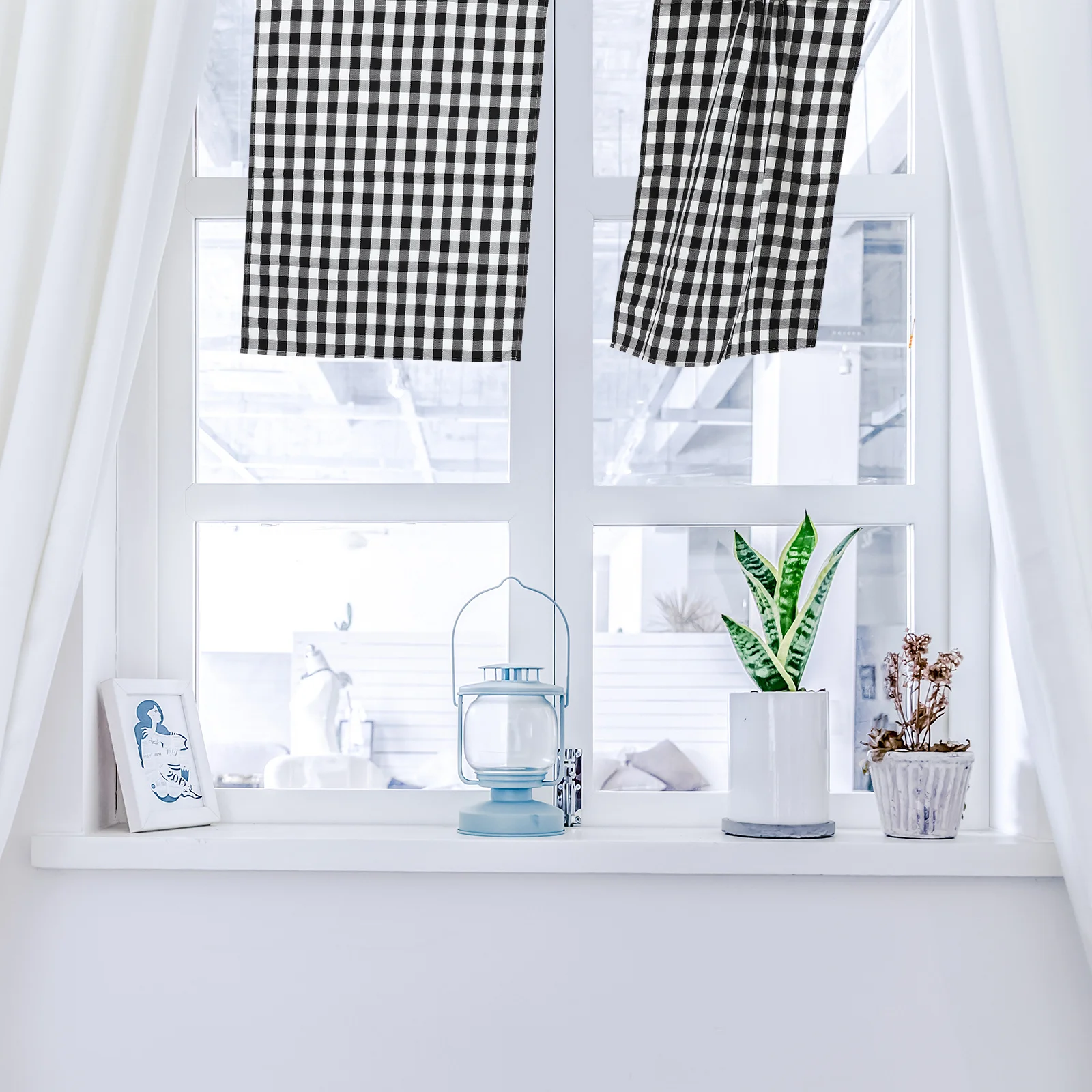 2 قطعة الجاموس منقوشة المطبخ الستارة أسود أبيض متقلب نافذة الستار قصيرة الزخرفية الستارة للنوافذ الصغيرة