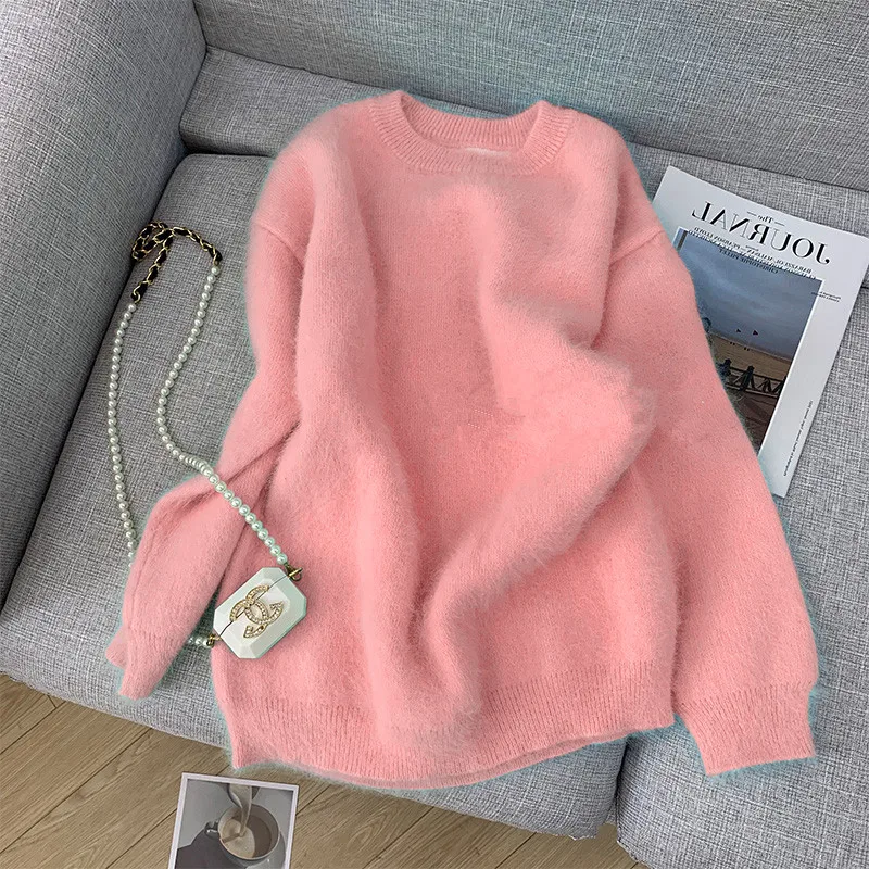 Elegant Women O Neck Soft Mohair Knitted Mint Green Sweaters Chic Autumn Winter Fashion Long Sleeve Warm Loose Female Pullovers