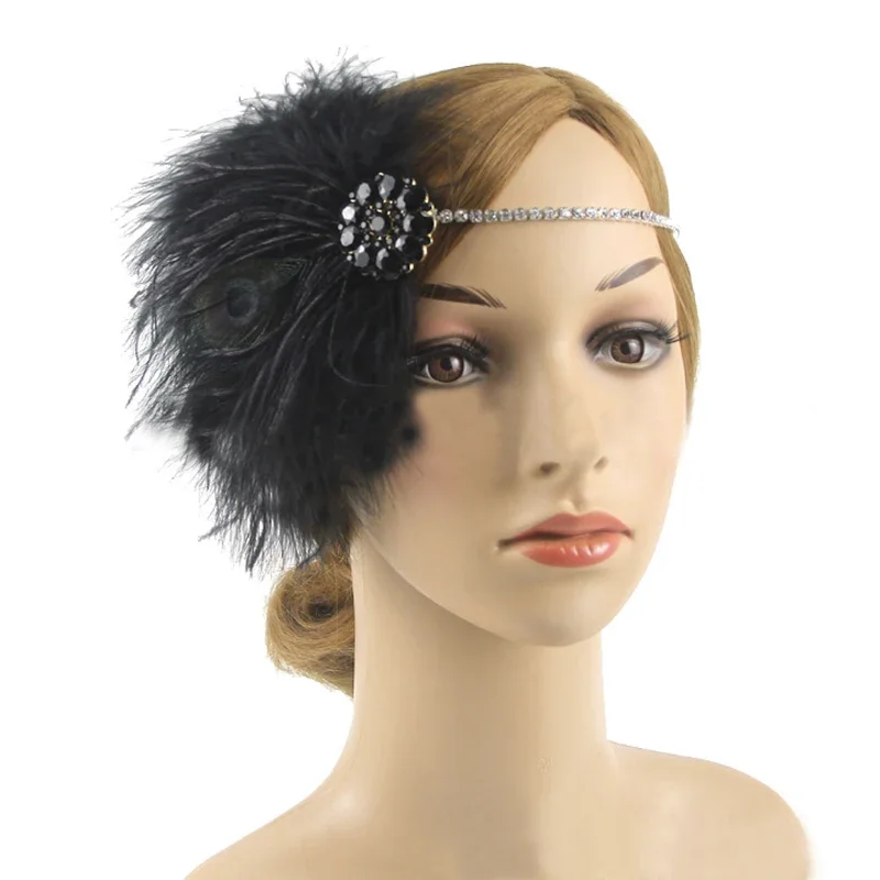 Diadema estilo flapper vintage de los años 20, tocado de gran Gatsby rugiente con plumas, accesorios para el cabello de Flapper Gatsby de los años 20, conjunto negro