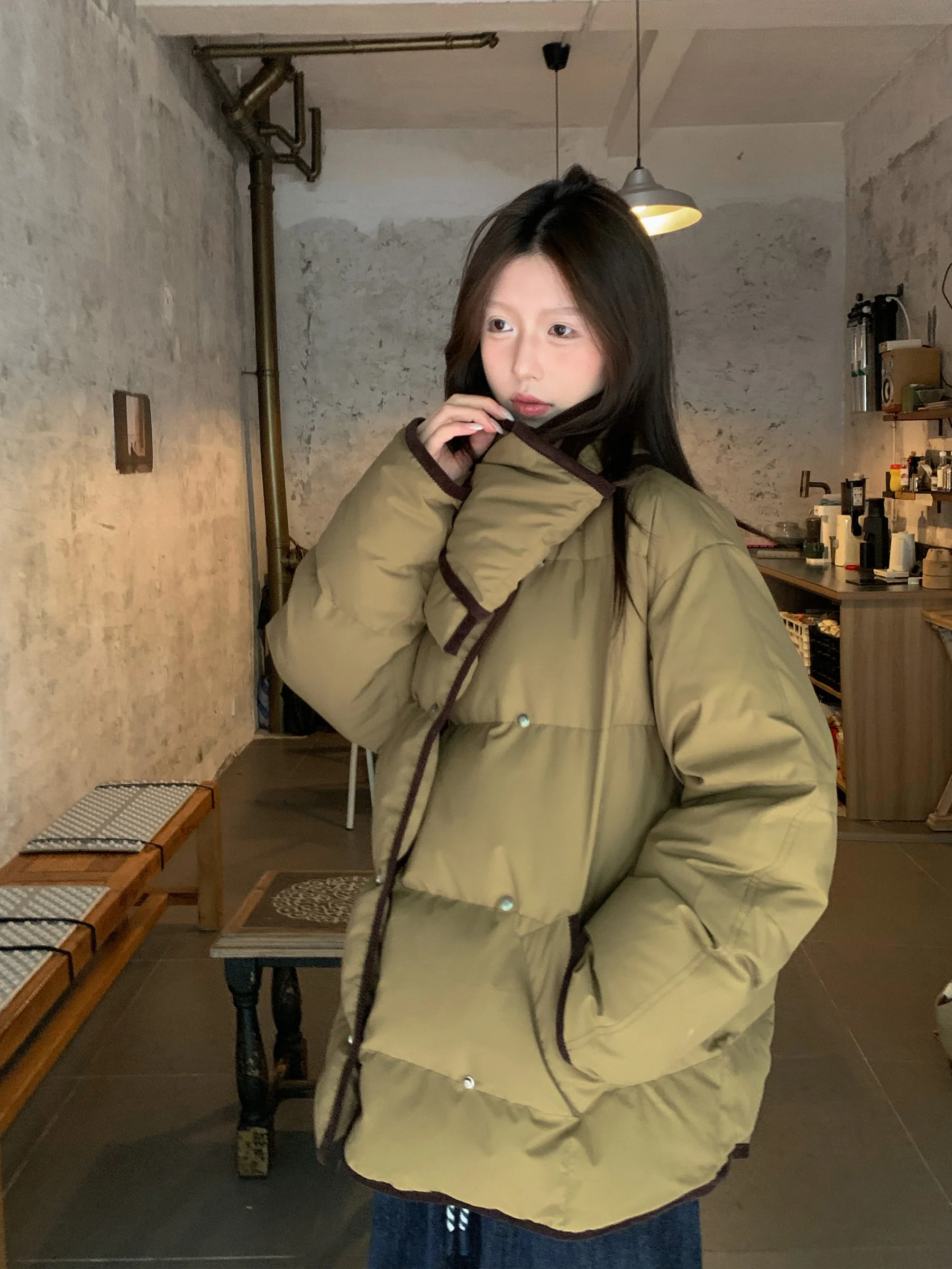 

HVIVI Thiened 90 White Du down Puffer Coat Women's Winter New Sle Bread Coat Collar Scarf Korean Sle Long Sve