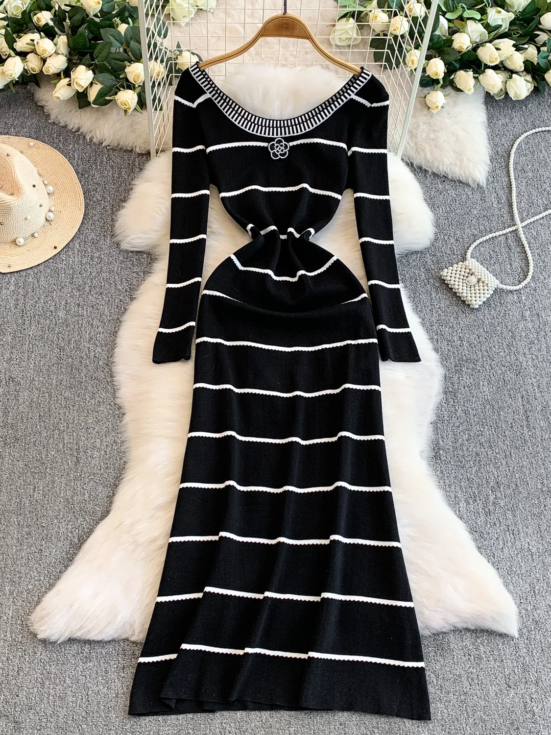 

Осеннее трикотажное длинное платье Pure Desire U-Ne для похудения с узором Cysanthemum, женское универсальное шикарное полосатое платье трапециевидной формы Dr