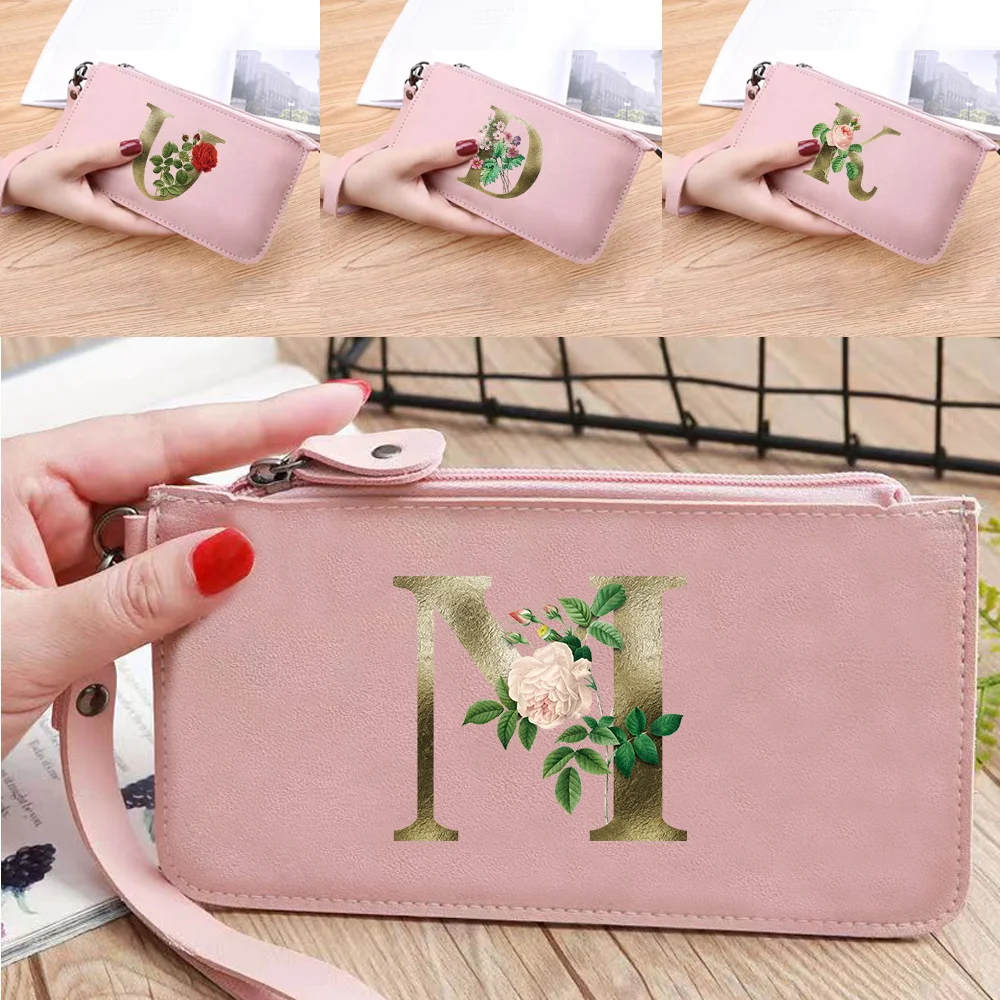 Fashion Women's Wallets Casual Pu Leather Wallet Golden Flower Letter Print Zipper Wallet Multi-card Female Card Bag Lady Clutch