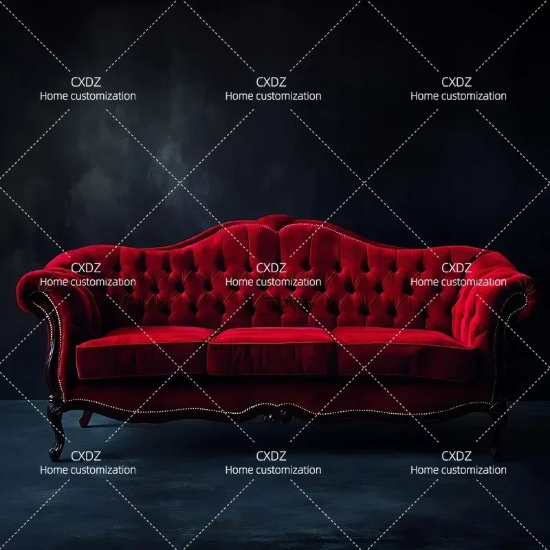 Medieval Solid Wood Villa Living Room Three Seater Pull Buckle Fabric Carved Velvet Sofa Studio Shooting Furniture