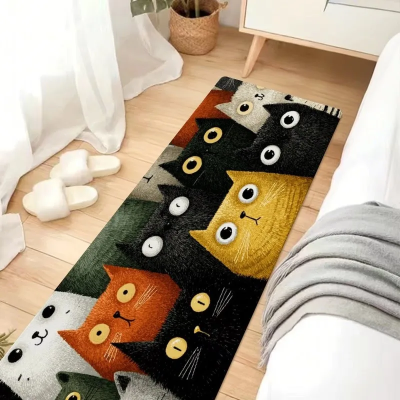 Cute Hand Drawn Multi Color Big Eye Cat Cartoon Runner Rug, Anti-slip Easy Clean Carpet for Kitchen Front Entry Hallway