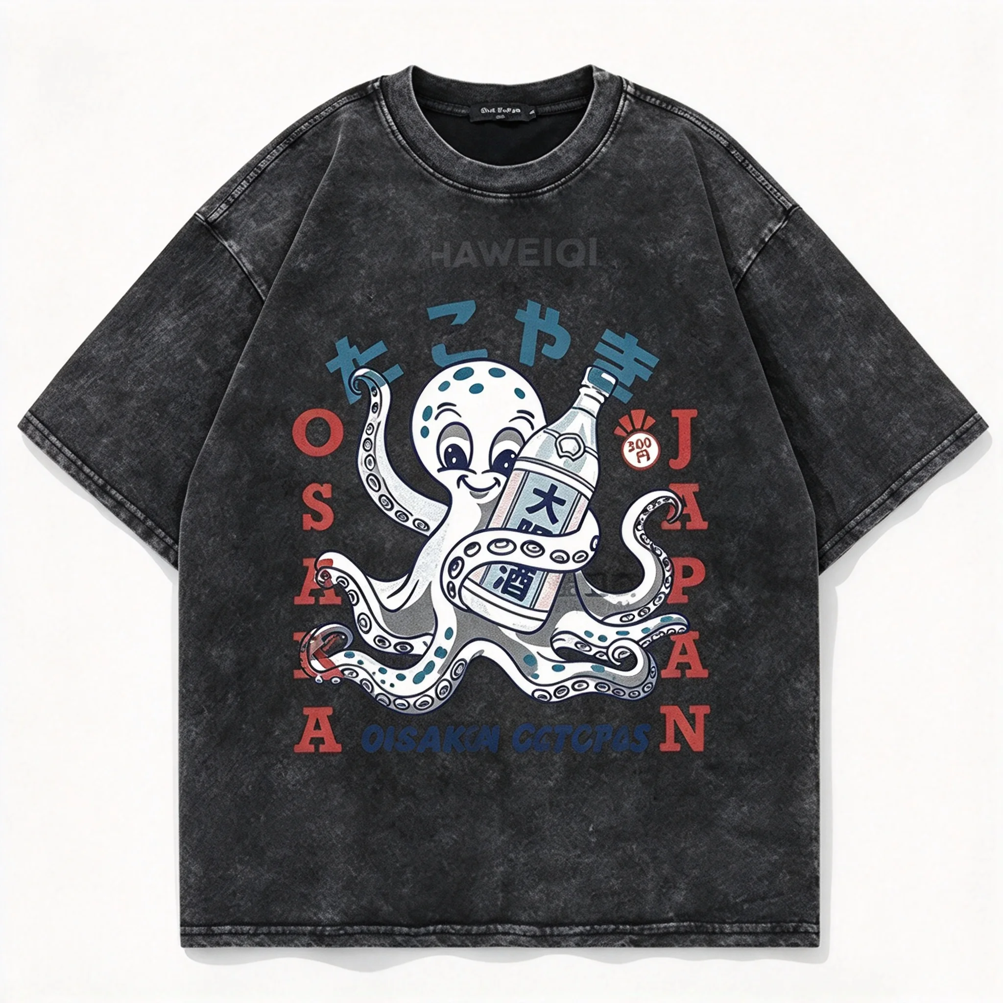 New Japanese Style OSAKA Osaka Dotonbori Drunken Octopus Retro Distressed Washed Short-Sleeve T-Shirt Loose Fit Top