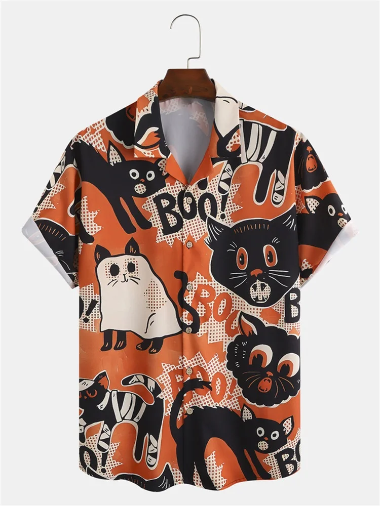 

Chemise homme tendance 2024，Men's Shirt Cat Halloween Print Hawaiian Short Sleeve Shirt Fashion Design ropa hombre