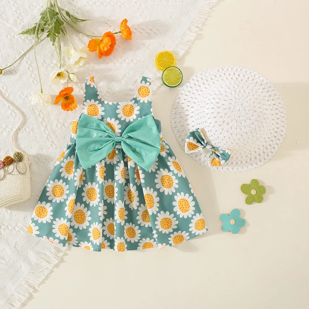 2 pieces/set summer baby girl dress hat girl big bow full of cartoon sunflower print strap princess dress