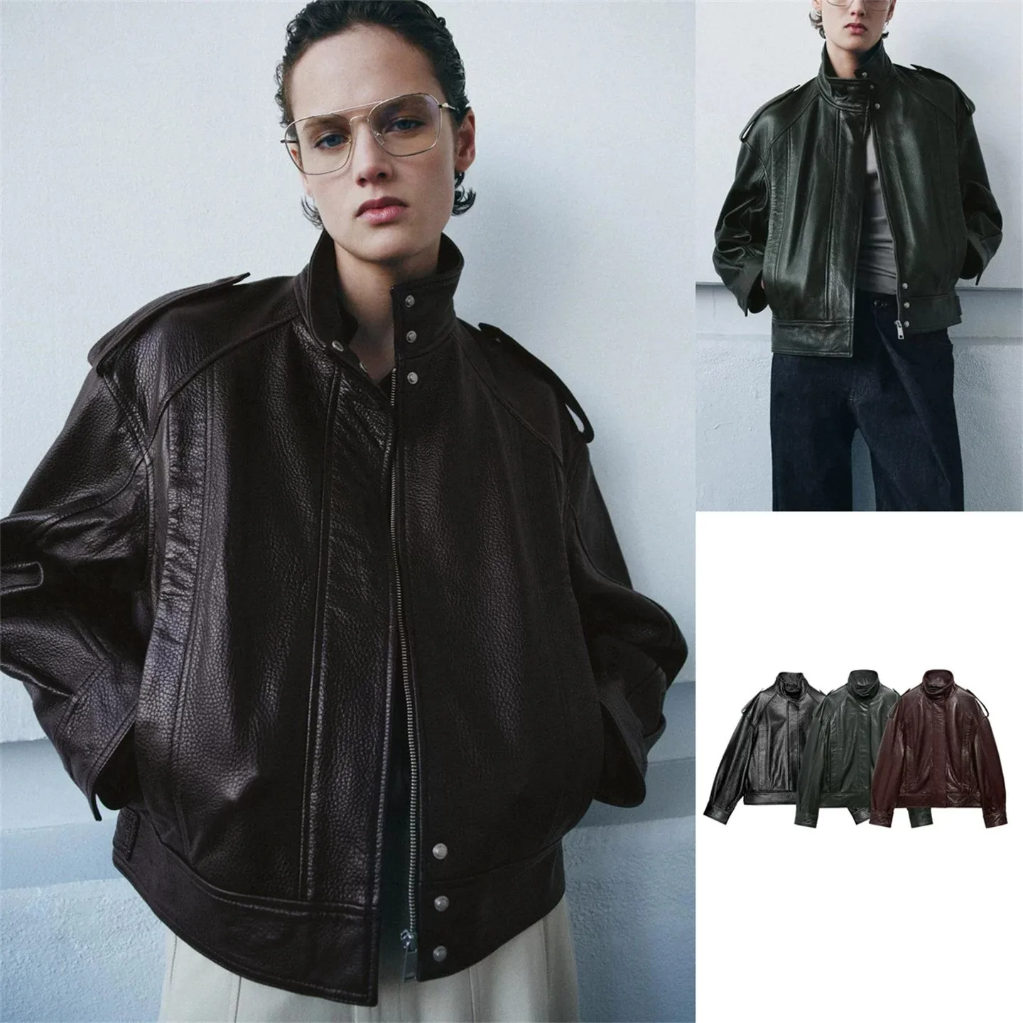 

Spring Autumn Leather Pilot Jacket Women's Coat Zipper Straight Cut PU Leather Long Sleeve Zipper Closure Color