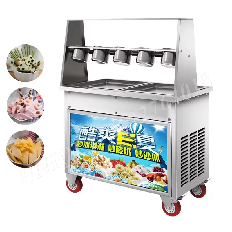 

220V Square Plate Double Pot Fried Ice Cream Machine with Ten Ice Buckets Yogurt Commercial Stainless Steel High Production