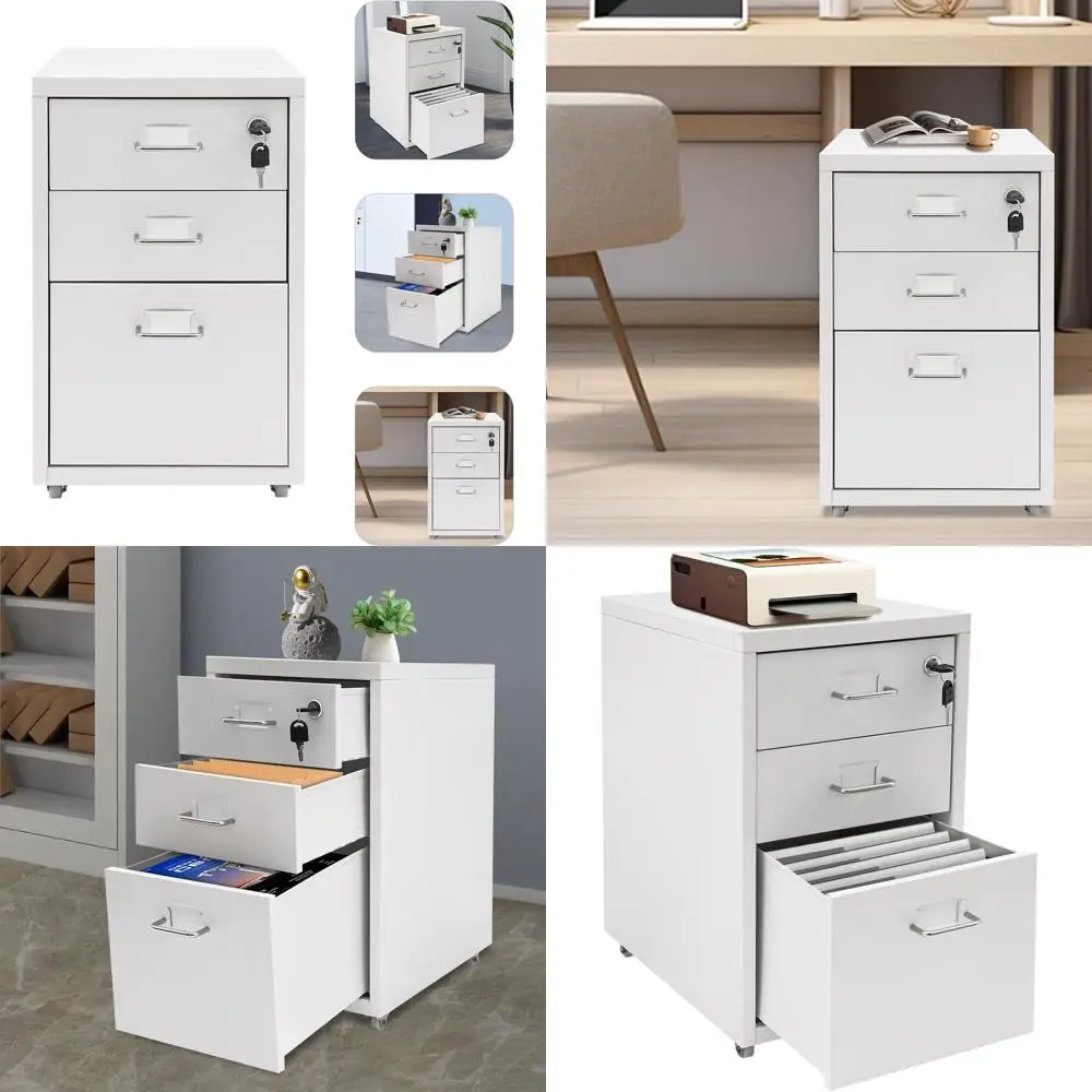 

Mobile White 3-Drawer Locking File Cabinet for A4/Legal/Letter Files, 18.3H x 11W x 16D, Home Office Secure Storage