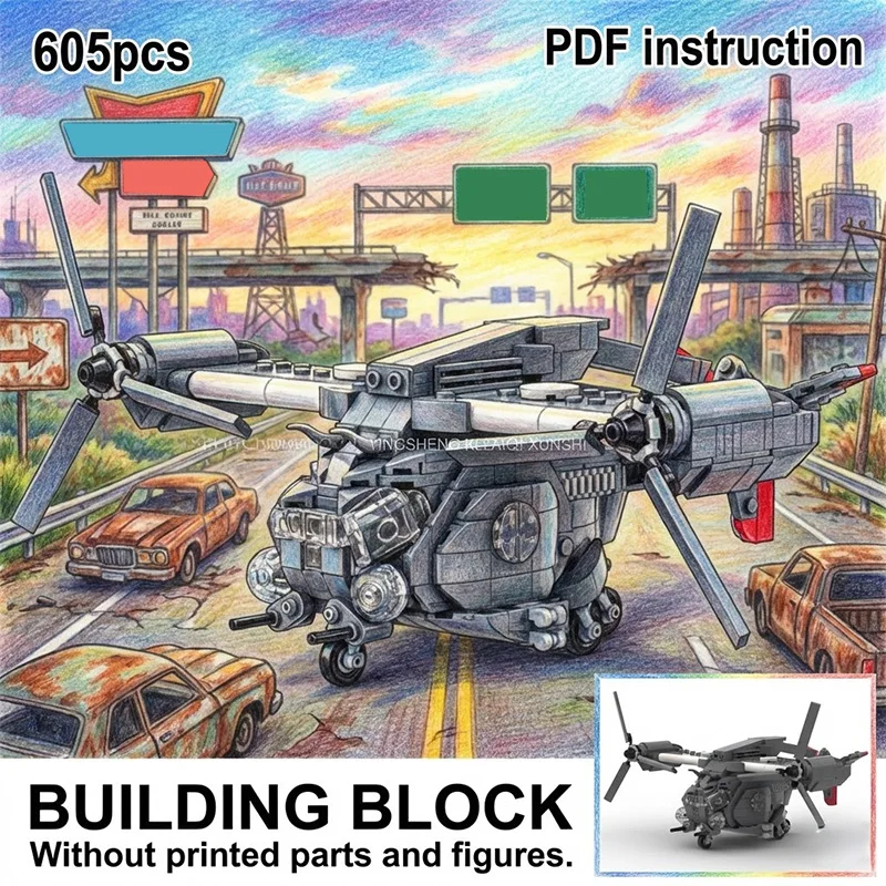 WWW Grey Tilt Rotor VTOL moc  Assault Transport Aircraft Military Block Model gift Falowt