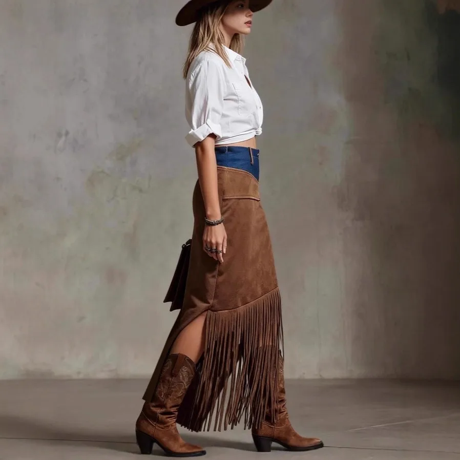Women Suede Asymmetrical Skirt Denim Waistband Brown Patchwork Skirts Fringe Maxi Skirt Western Style High Slit Long Skirt