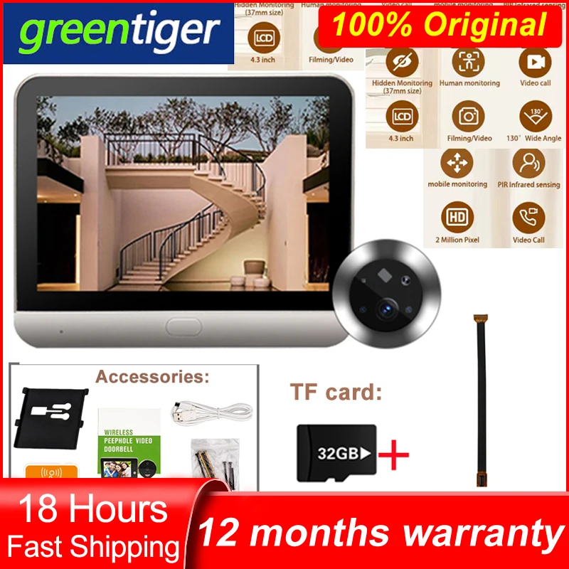 Smart Doorbell Silence Tuya APP WiFi Video 4.3 1080P Eye Peephole Camera 5000mAh No Feel PIR Motion Data Cable Door Viewer Bell