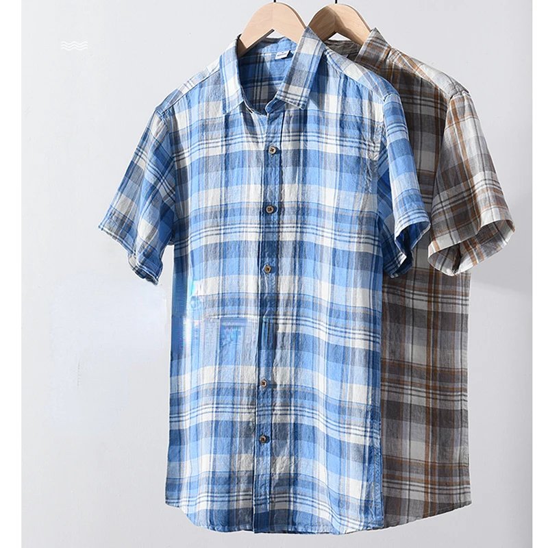 Large Plaid Square Collar Linen Men's Shirts New Summer Casual Slim Short Sleeved Shirts Simple Breathable Youth Commuting Top