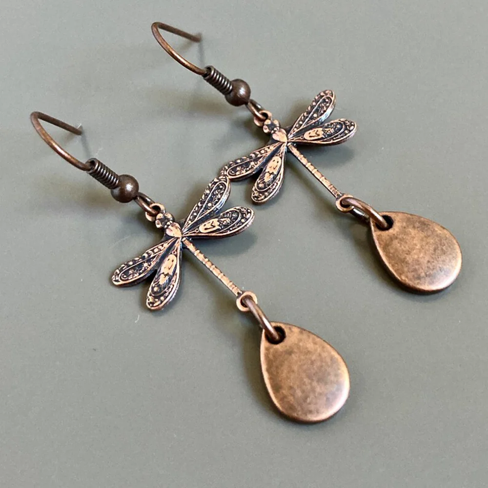 2pcs Vintage Dragonfly Droplet Shape Classical Metal Antique Copper Color Earrings Woman Party image 2
