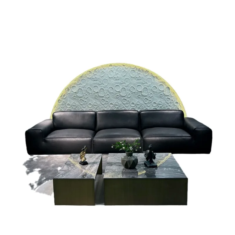 

Big black cow sofa full top layer cowhide Italian minimalist straight row sofa