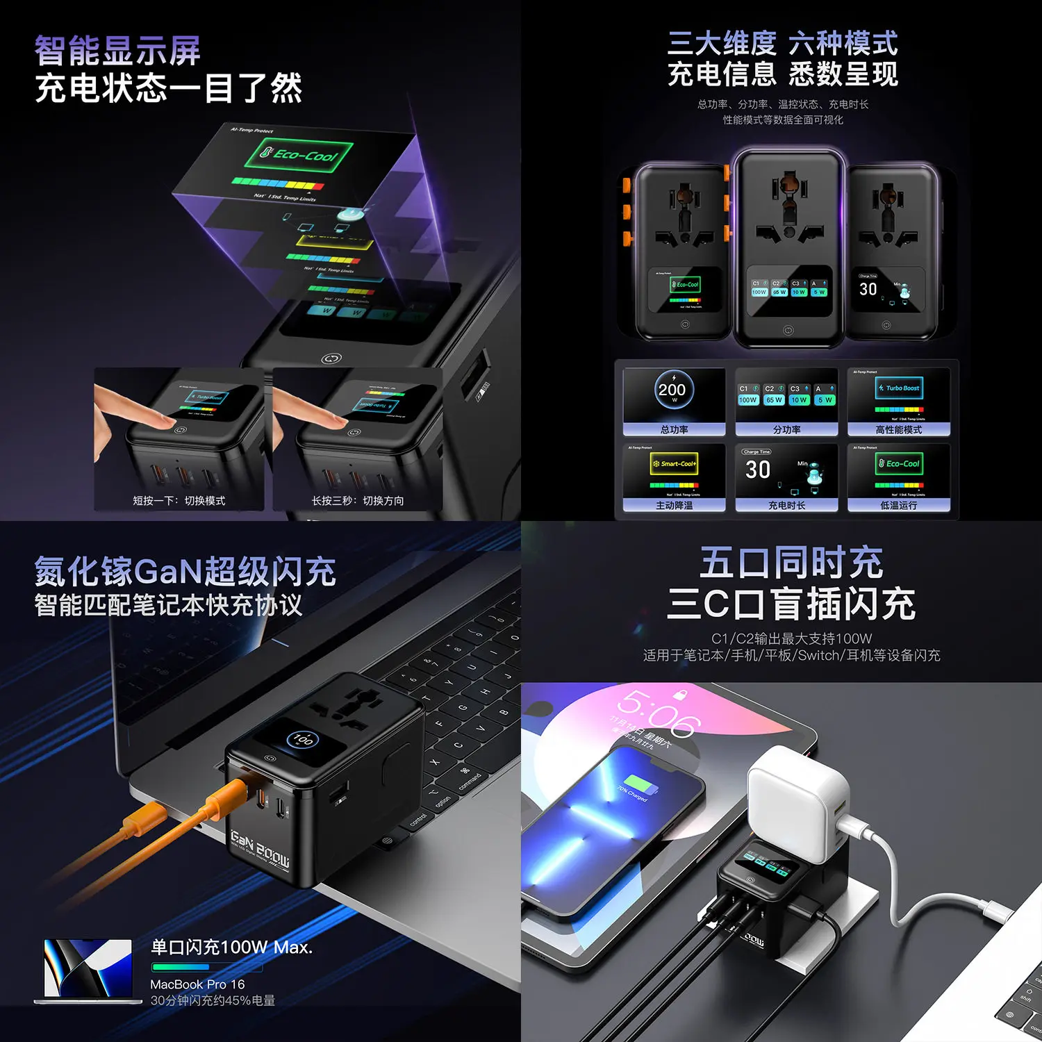 PD200W display digital animation gallium nitride fast charging conversion socket global travel conversion plug