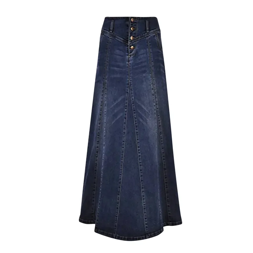 Women Vintage Denim Skirt High Waist Patchwork Skirt Streetwear A-Line Washed Solid Color Pockets Buttons Female Long Skirts