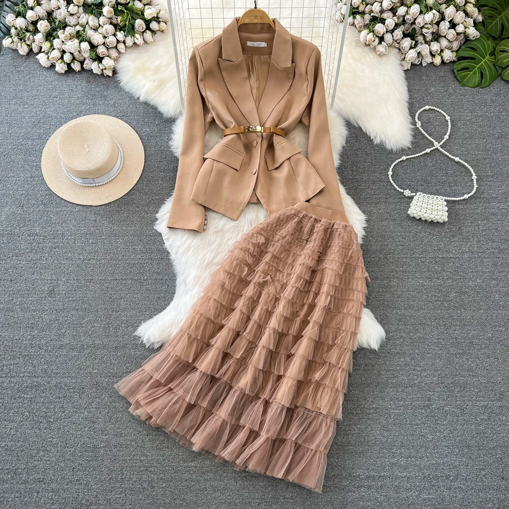 

Lady Elegant 2pc Blazer Skirt Dress Set Belt Coat Cake Layers Skirts Korean Fashion Female Suit Spring Autumn Winter Suit Outfit