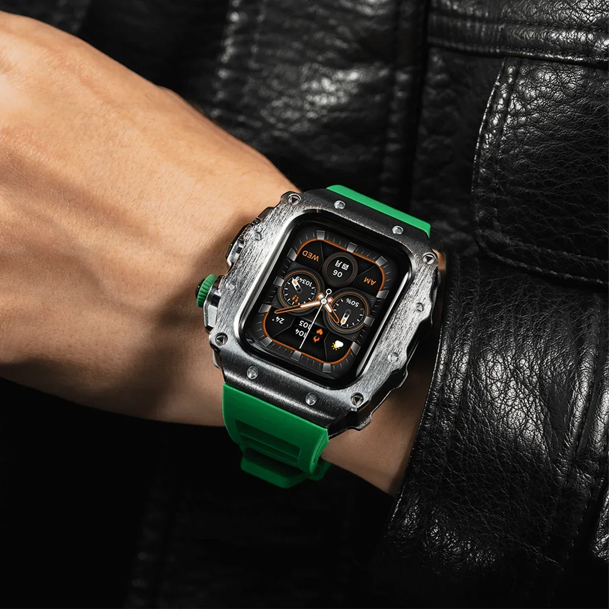 Luksusowy zestaw modyfikacyjny do Apple Watch S11 10 46/44/45mm, obudowa ze stali nierdzewnej do IWatch Series 9 8 7 6 SE3, silikonowa klamra z zapięciem na szpilkę. — zdjęcie produktu 4