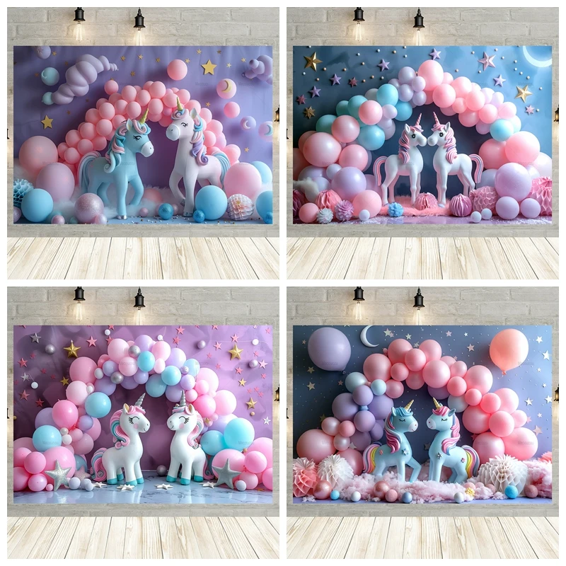 

Balloon Unicorn Baby Girls 1st Birthday Backdrops Photography Newborn Baby Shower Photo Photographic Background Studio Shoots