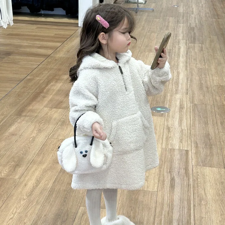 

Childrens Korean Style Medium Length Dress 2023 Winter New Childrens Clothing Girls Fashionable Thickened Plush Hooded Top