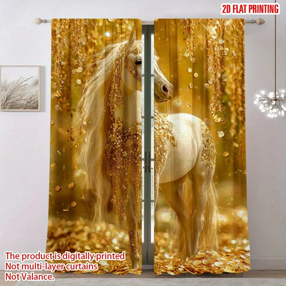 2D Flache 2-teilige Vorhänge mit goldenem Pferdemotiv, luxuriöser Vorhang mit Fantasie-Tierdruck, für Wohnzimmer, Schlafzimmer, Fensterdekoration, elegante Heimdekoration, Paneele