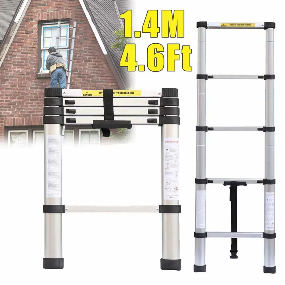 Portable 1.4M/4.6FT Aluminium Telescopic Multi-Purpose Aluminium 5 Step Straight Ladders Extendable Ssfety Non-Slip