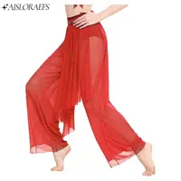 Pantalones de Danza Lírica de Malla Transparente para Mujer, Cintura Brillante, Pierna Holgada, Diseño Irregular, Ropa de Danza Moderna y Contemporánea